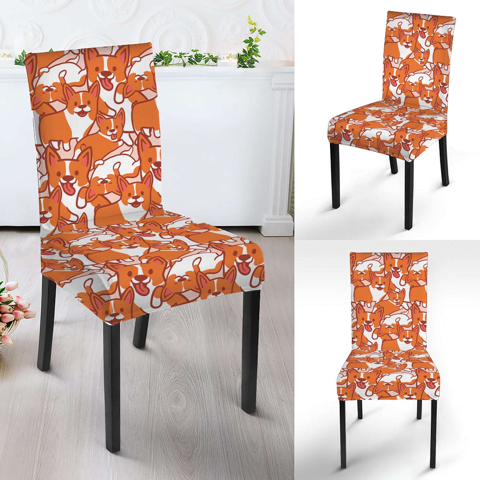 Cute Corgi Pattern Print Dining Chair Slipcover