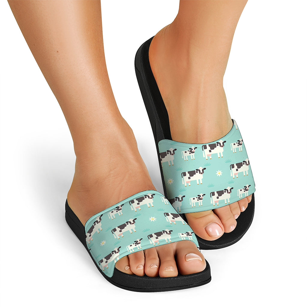 Cute Cow And Baby Cow Pattern Print Black Slide Sandals