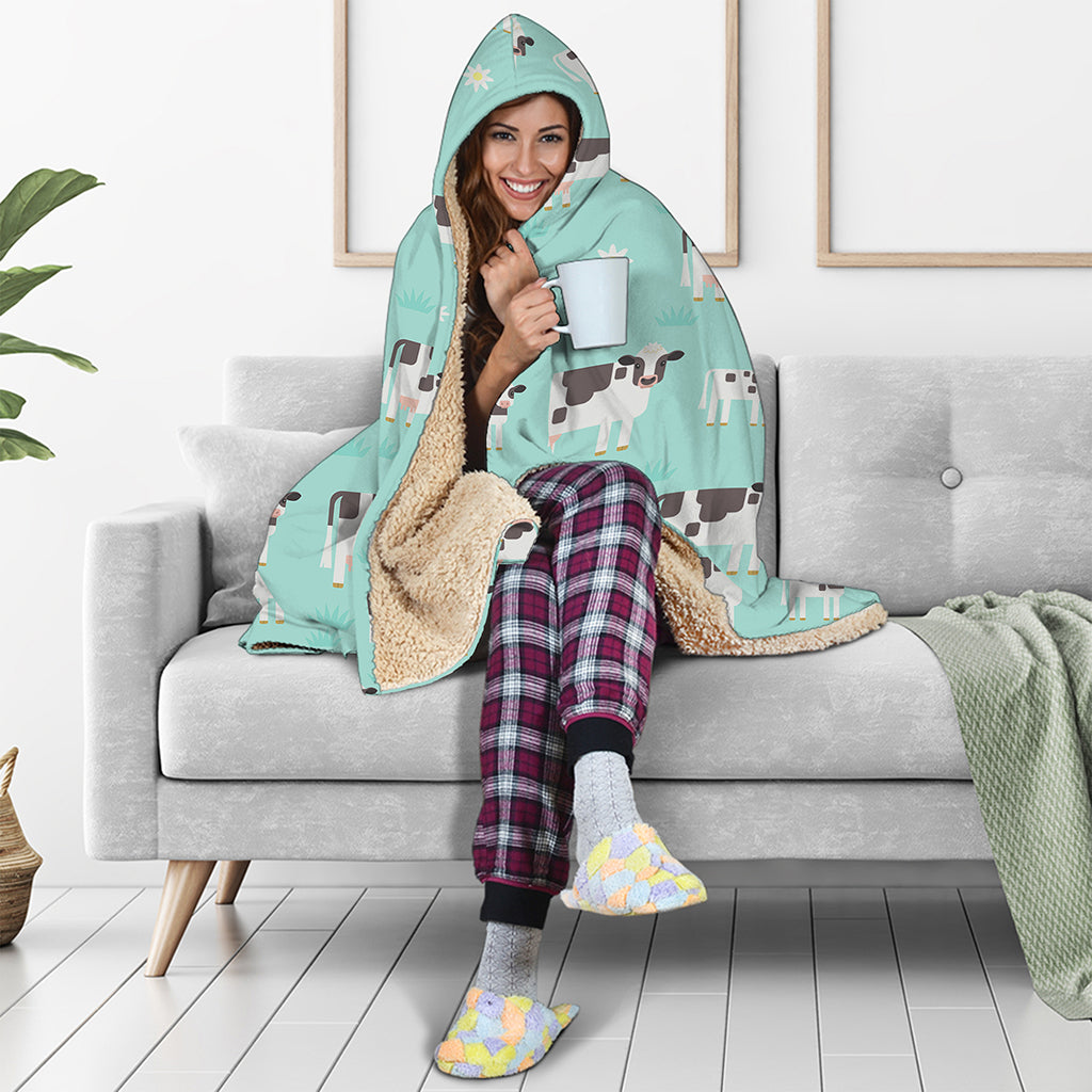 Cute Cow And Baby Cow Pattern Print Hooded Blanket