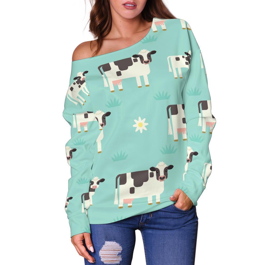 Cute Cow And Baby Cow Pattern Print Off Shoulder Sweatshirt GearFrost