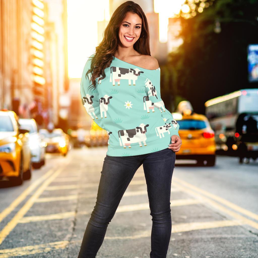 Cute Cow And Baby Cow Pattern Print Off Shoulder Sweatshirt GearFrost