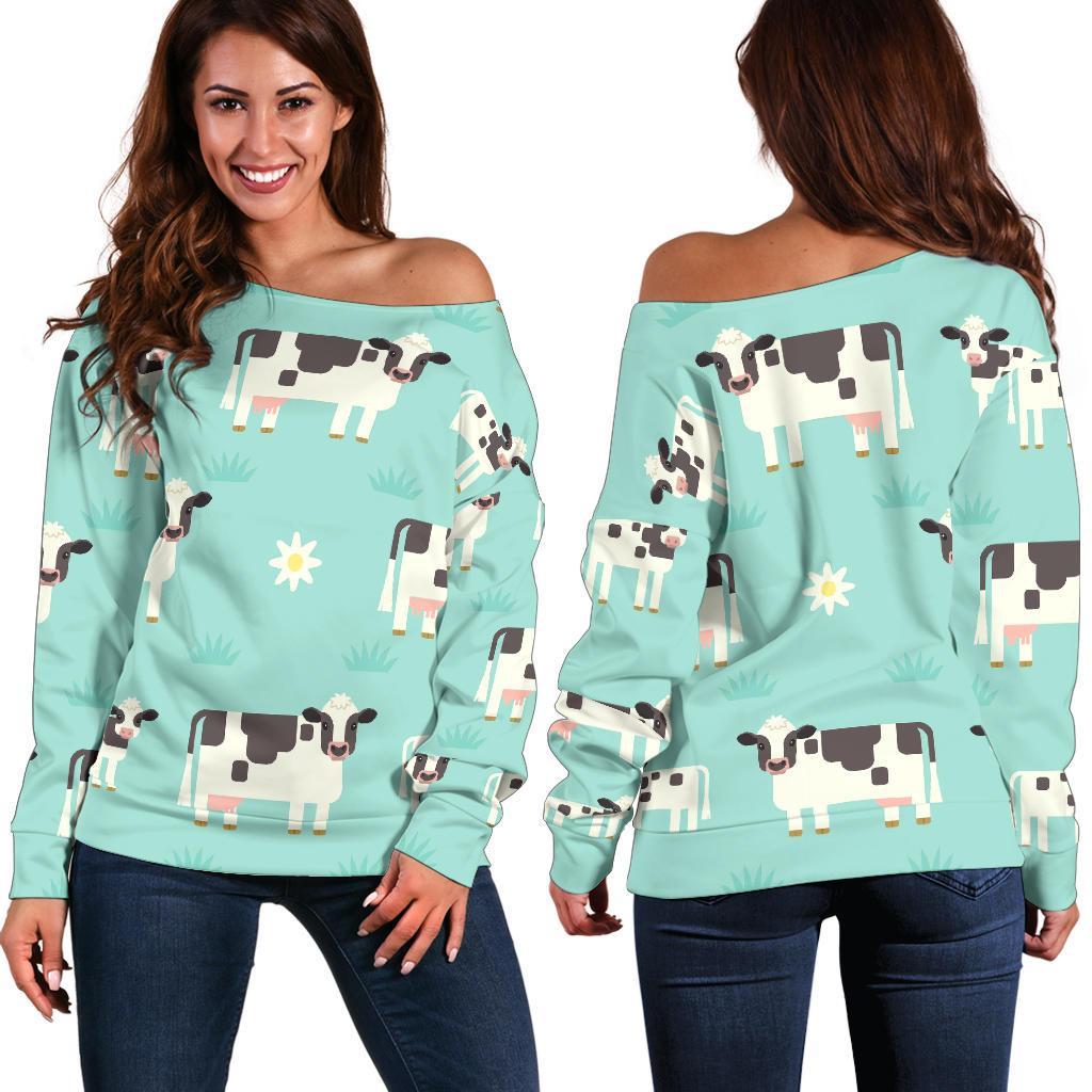 Cute Cow And Baby Cow Pattern Print Off Shoulder Sweatshirt GearFrost