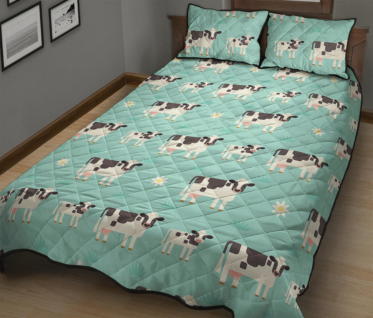 Cute Cow And Baby Cow Pattern Print Quilt Bed Set