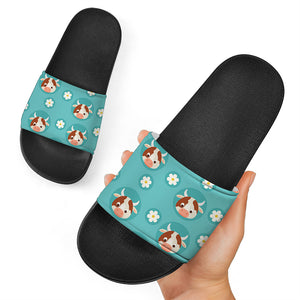 Cute Cow And Daisy Flower Pattern Print Black Slide Sandals