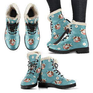 Cute Cow And Daisy Flower Pattern Print Comfy Boots GearFrost