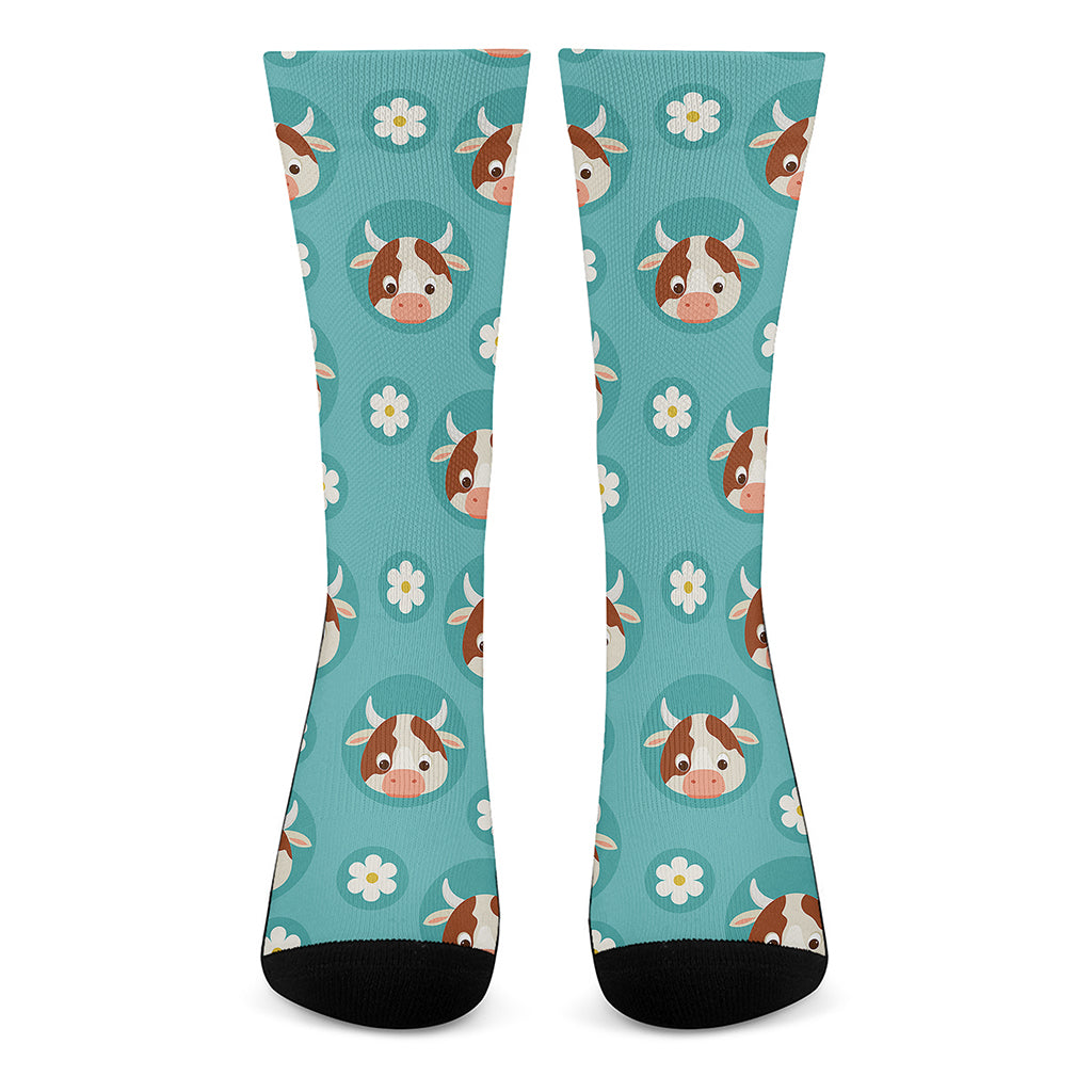 Cute Cow And Daisy Flower Pattern Print Crew Socks