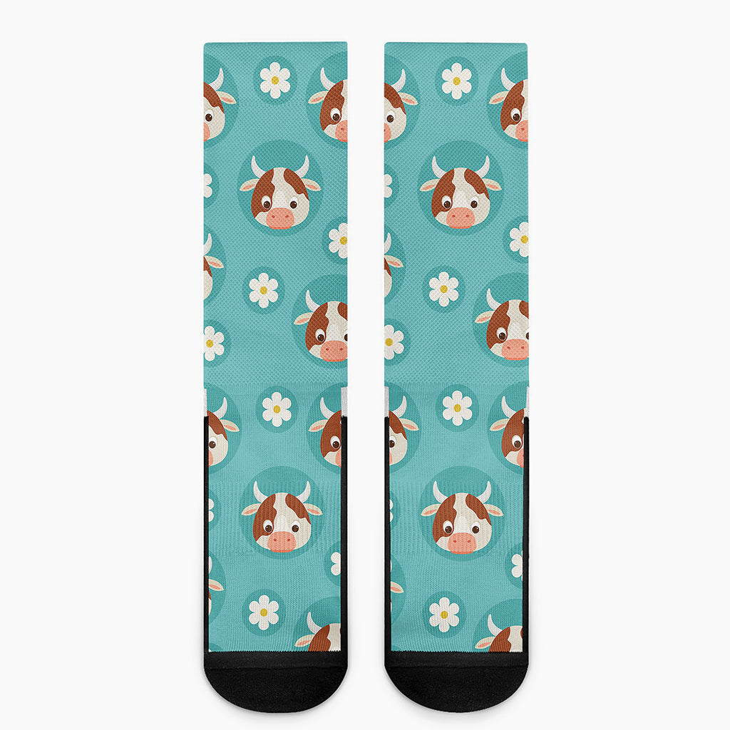 Cute Cow And Daisy Flower Pattern Print Crew Socks
