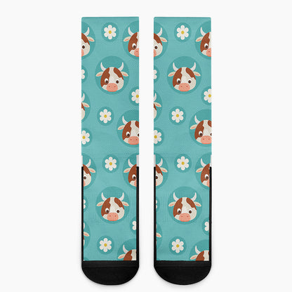 Cute Cow And Daisy Flower Pattern Print Crew Socks