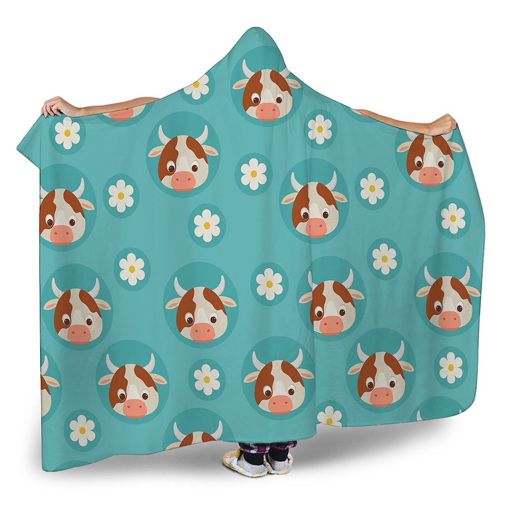 Cute Cow And Daisy Flower Pattern Print Hooded Blanket