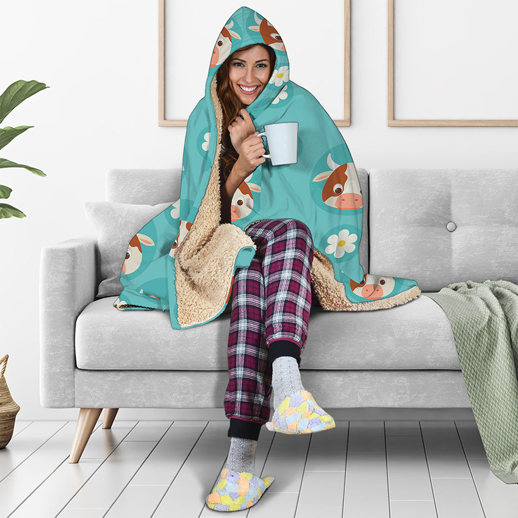 Cute Cow And Daisy Flower Pattern Print Hooded Blanket