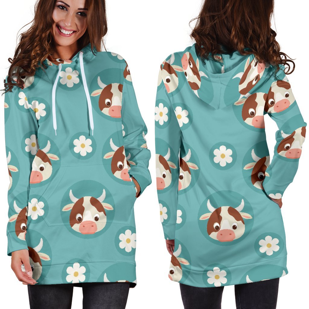 Cute Cow And Daisy Flower Pattern Print Hoodie Dress GearFrost