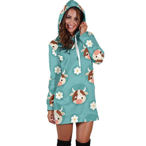 Cute Cow And Daisy Flower Pattern Print Hoodie Dress GearFrost