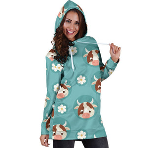 Cute Cow And Daisy Flower Pattern Print Hoodie Dress GearFrost