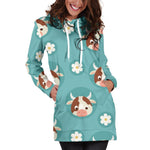 Cute Cow And Daisy Flower Pattern Print Hoodie Dress GearFrost