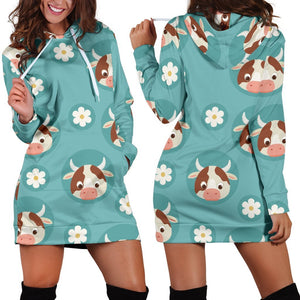 Cute Cow And Daisy Flower Pattern Print Hoodie Dress GearFrost