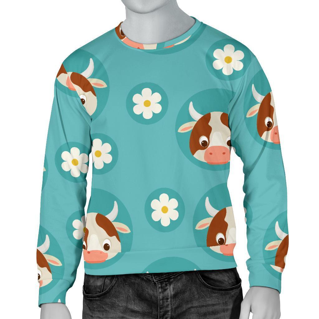 Cute Cow And Daisy Flower Pattern Print Men's Crewneck Sweatshirt GearFrost