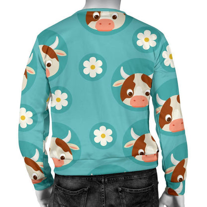 Cute Cow And Daisy Flower Pattern Print Men's Crewneck Sweatshirt GearFrost