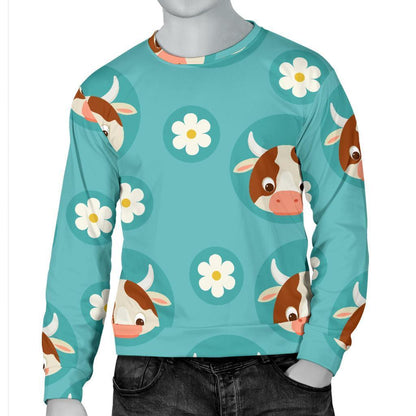 Cute Cow And Daisy Flower Pattern Print Men's Crewneck Sweatshirt GearFrost