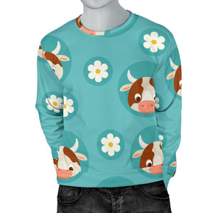 Cute Cow And Daisy Flower Pattern Print Men's Crewneck Sweatshirt GearFrost