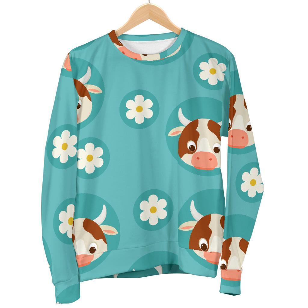 Cute Cow And Daisy Flower Pattern Print Men's Crewneck Sweatshirt GearFrost