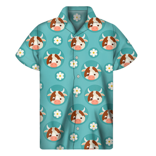 Cute Cow And Daisy Flower Pattern Print Men's Short Sleeve Shirt