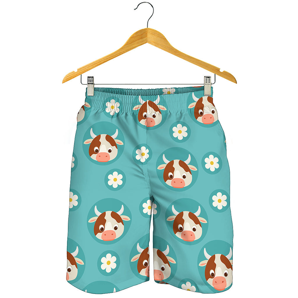 Cute Cow And Daisy Flower Pattern Print Men's Shorts