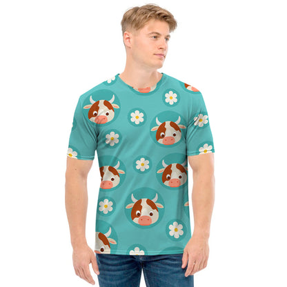 Cute Cow And Daisy Flower Pattern Print Men's T-Shirt