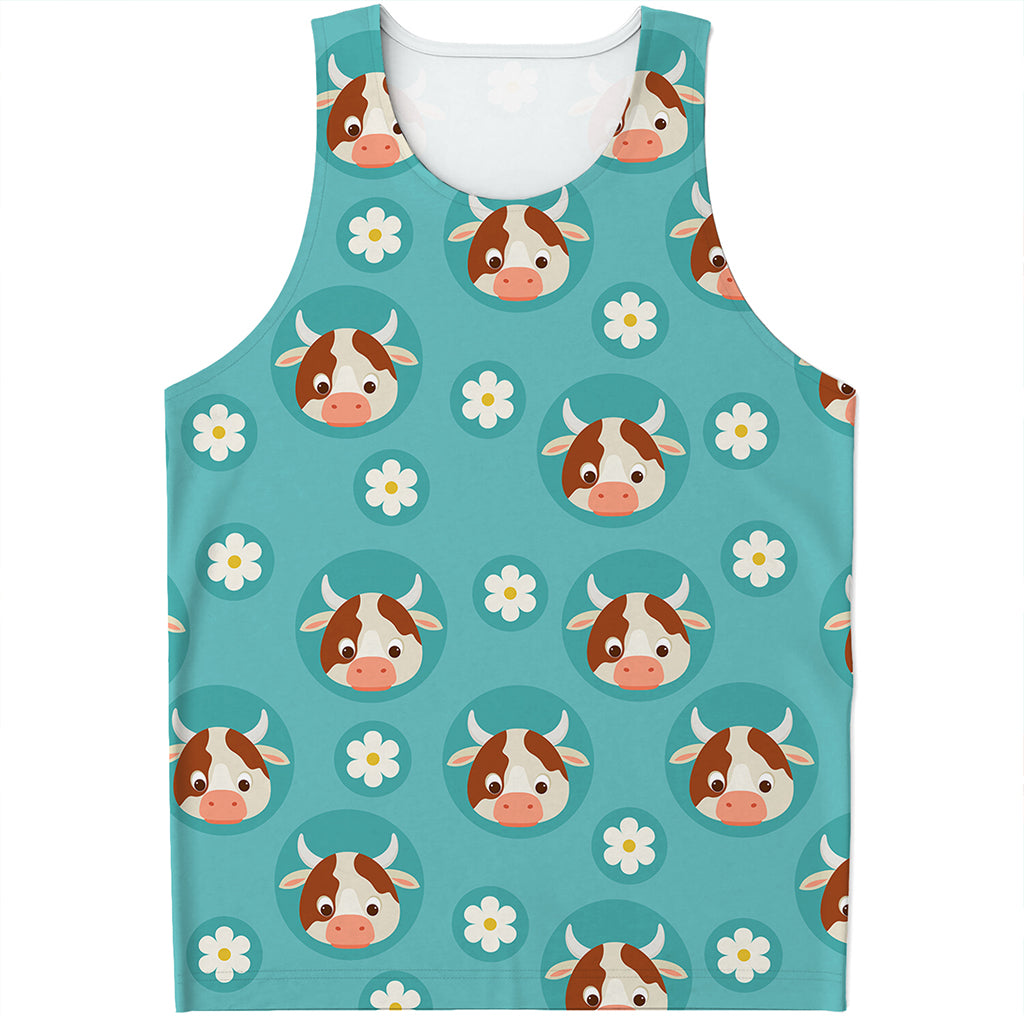 Cute Cow And Daisy Flower Pattern Print Men's Tank Top