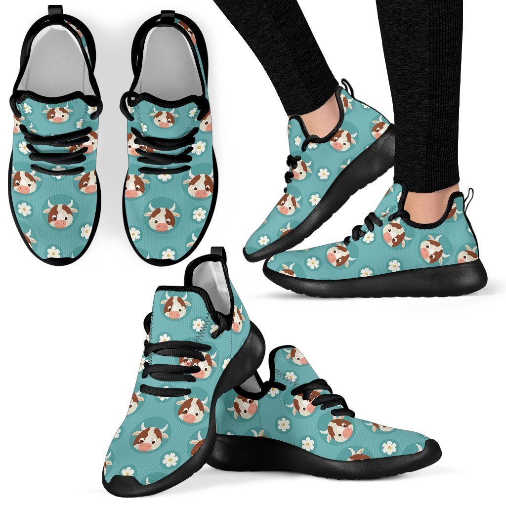 Cute Cow And Daisy Flower Pattern Print Mesh Knit Shoes GearFrost