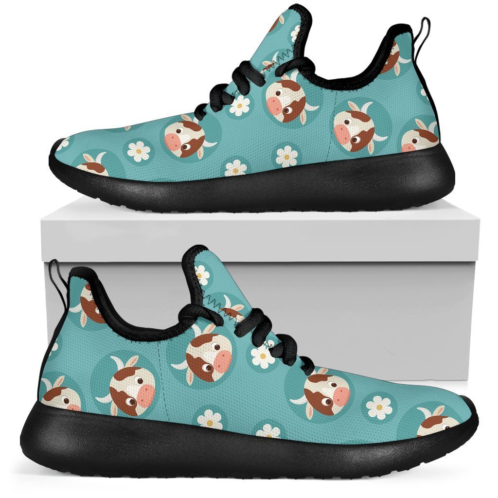 Cute Cow And Daisy Flower Pattern Print Mesh Knit Shoes GearFrost