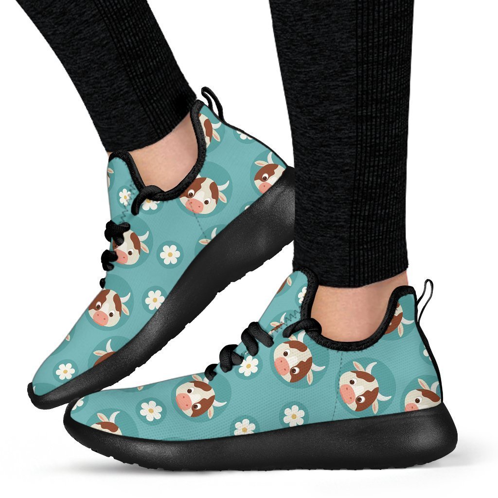 Cute Cow And Daisy Flower Pattern Print Mesh Knit Shoes GearFrost