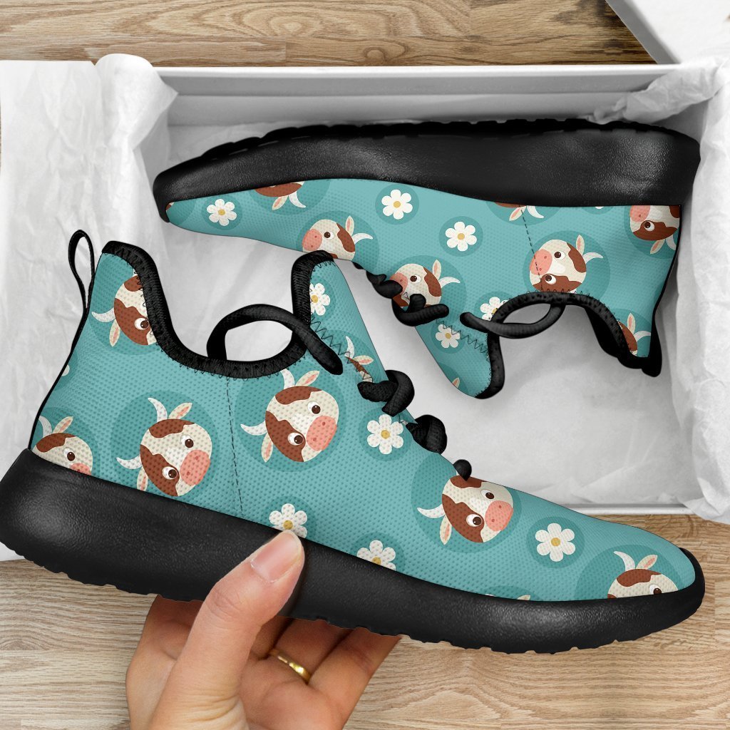 Cute Cow And Daisy Flower Pattern Print Mesh Knit Shoes GearFrost