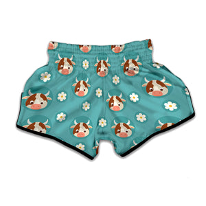 Cute Cow And Daisy Flower Pattern Print Muay Thai Boxing Shorts