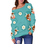 Cute Cow And Daisy Flower Pattern Print Off Shoulder Sweatshirt GearFrost