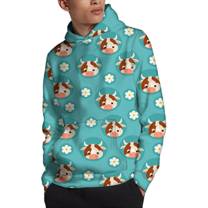 Cute Cow And Daisy Flower Pattern Print Pullover Hoodie