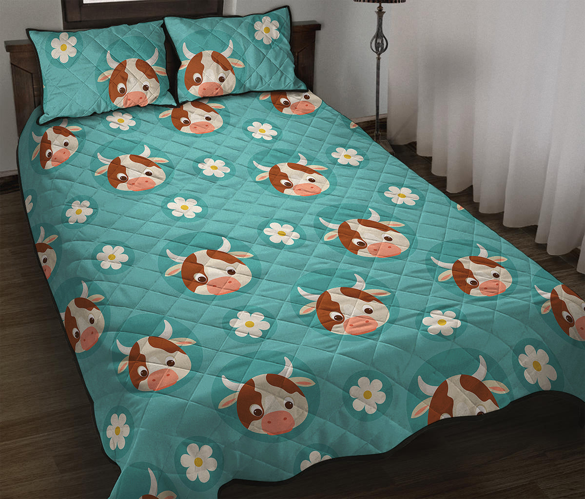 Cute Cow And Daisy Flower Pattern Print Quilt Bed Set