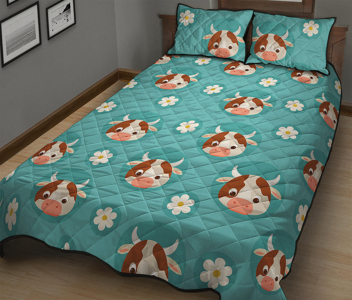 Cute Cow And Daisy Flower Pattern Print Quilt Bed Set