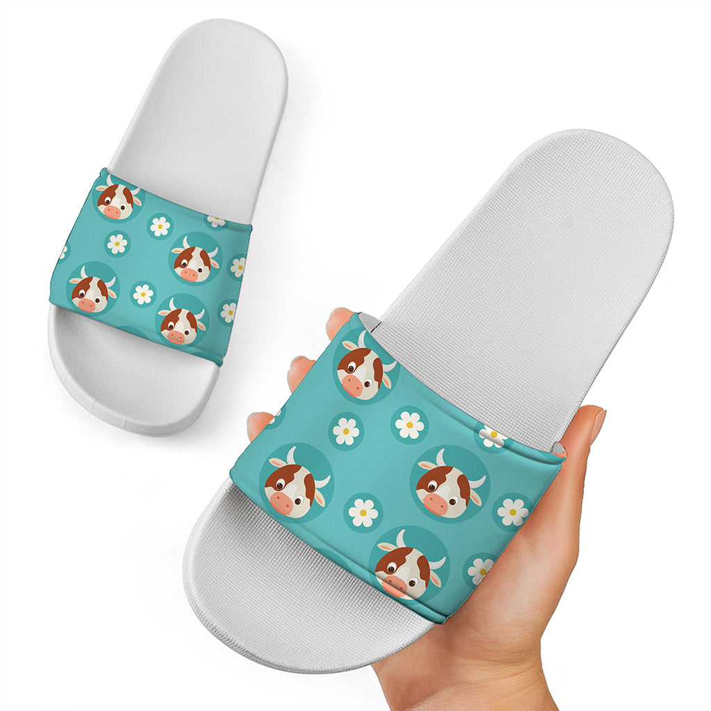 Cute Cow And Daisy Flower Pattern Print White Slide Sandals