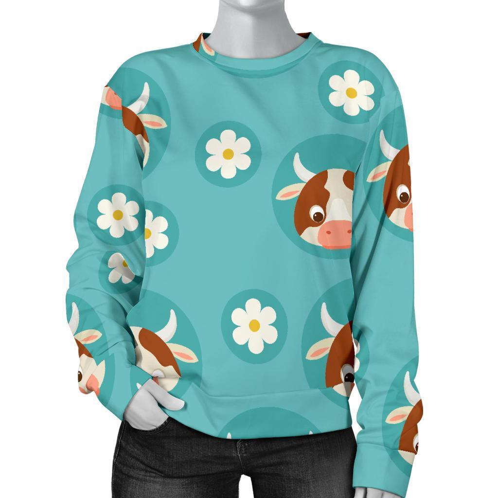 Cute Cow And Daisy Flower Pattern Print Women's Crewneck Sweatshirt GearFrost