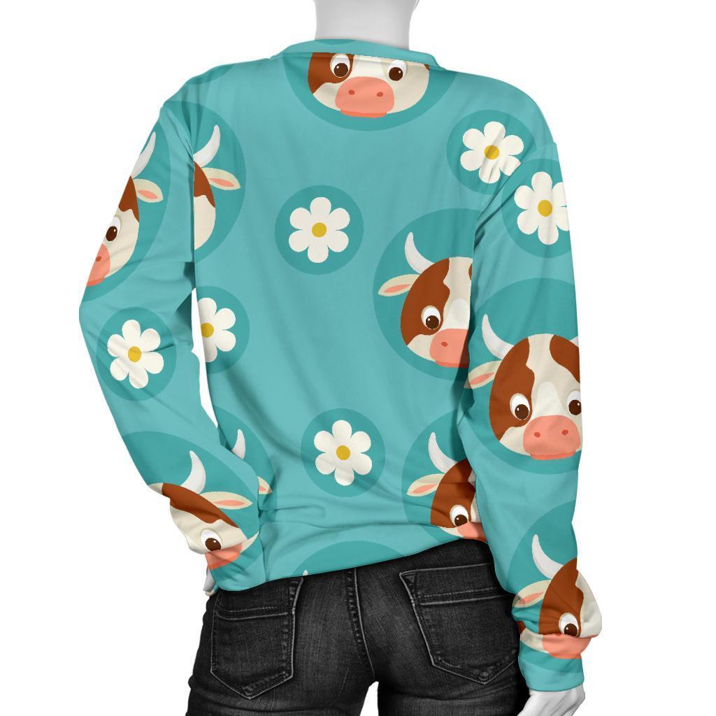 Cute Cow And Daisy Flower Pattern Print Women's Crewneck Sweatshirt GearFrost