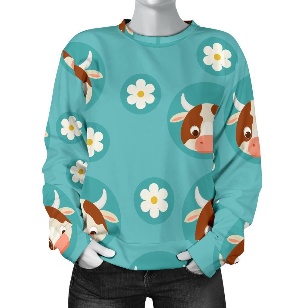 Cute Cow And Daisy Flower Pattern Print Women's Crewneck Sweatshirt GearFrost