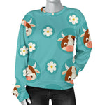 Cute Cow And Daisy Flower Pattern Print Women's Crewneck Sweatshirt GearFrost