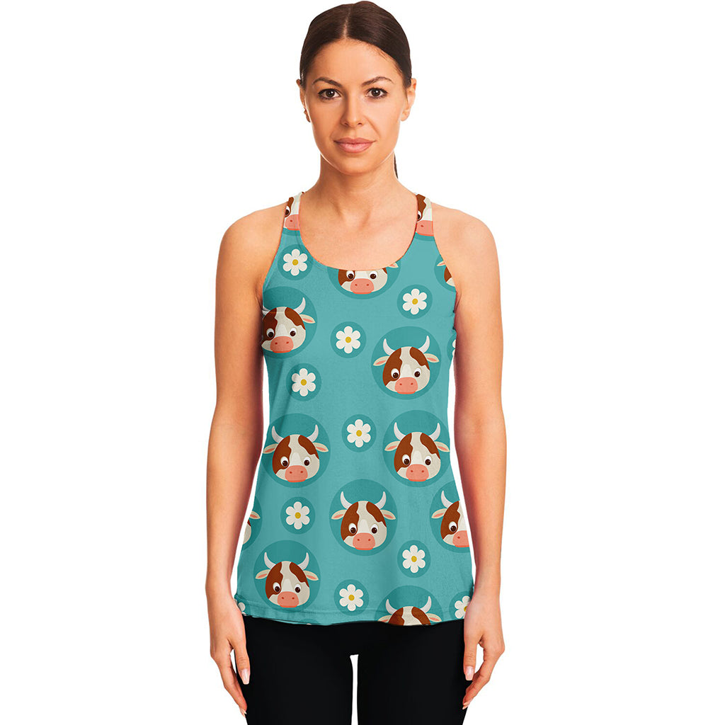 Cute Cow And Daisy Flower Pattern Print Women's Racerback Tank Top