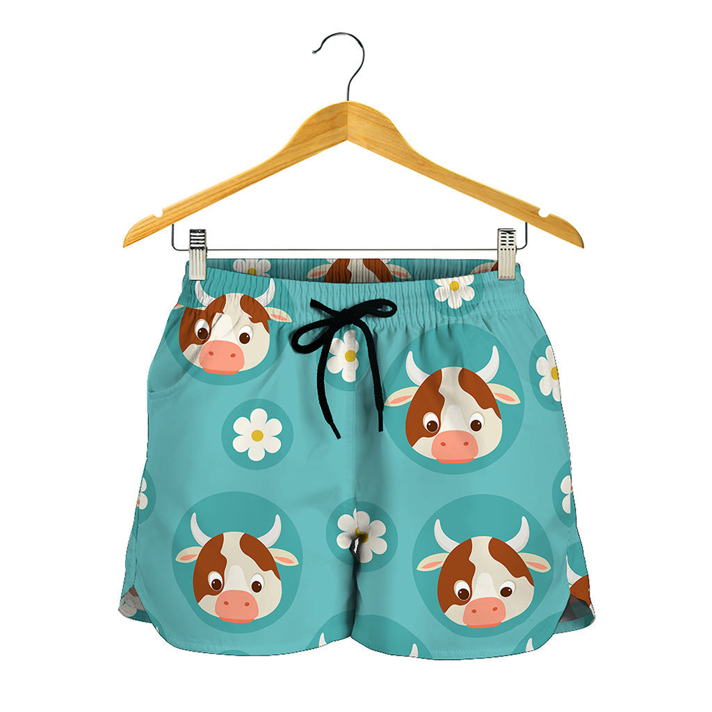 Cute Cow And Daisy Flower Pattern Print Women's Shorts