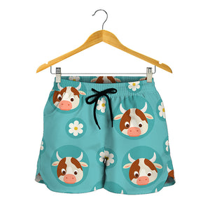 Cute Cow And Daisy Flower Pattern Print Women's Shorts