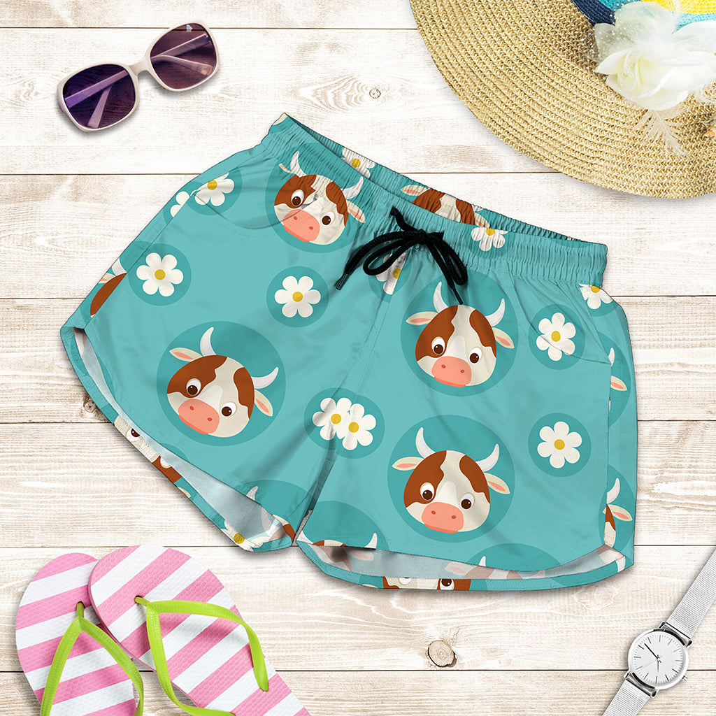 Cute Cow And Daisy Flower Pattern Print Women's Shorts