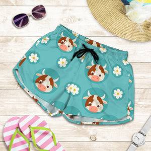 Cute Cow And Daisy Flower Pattern Print Women's Shorts