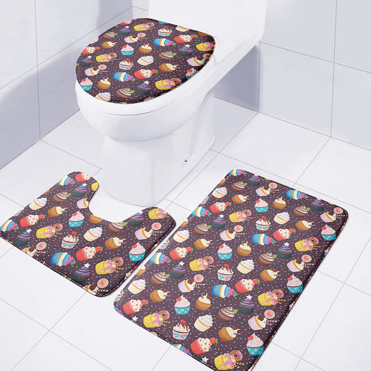 Cute Cupcake Pattern Print 3 Piece Bath Mat Set