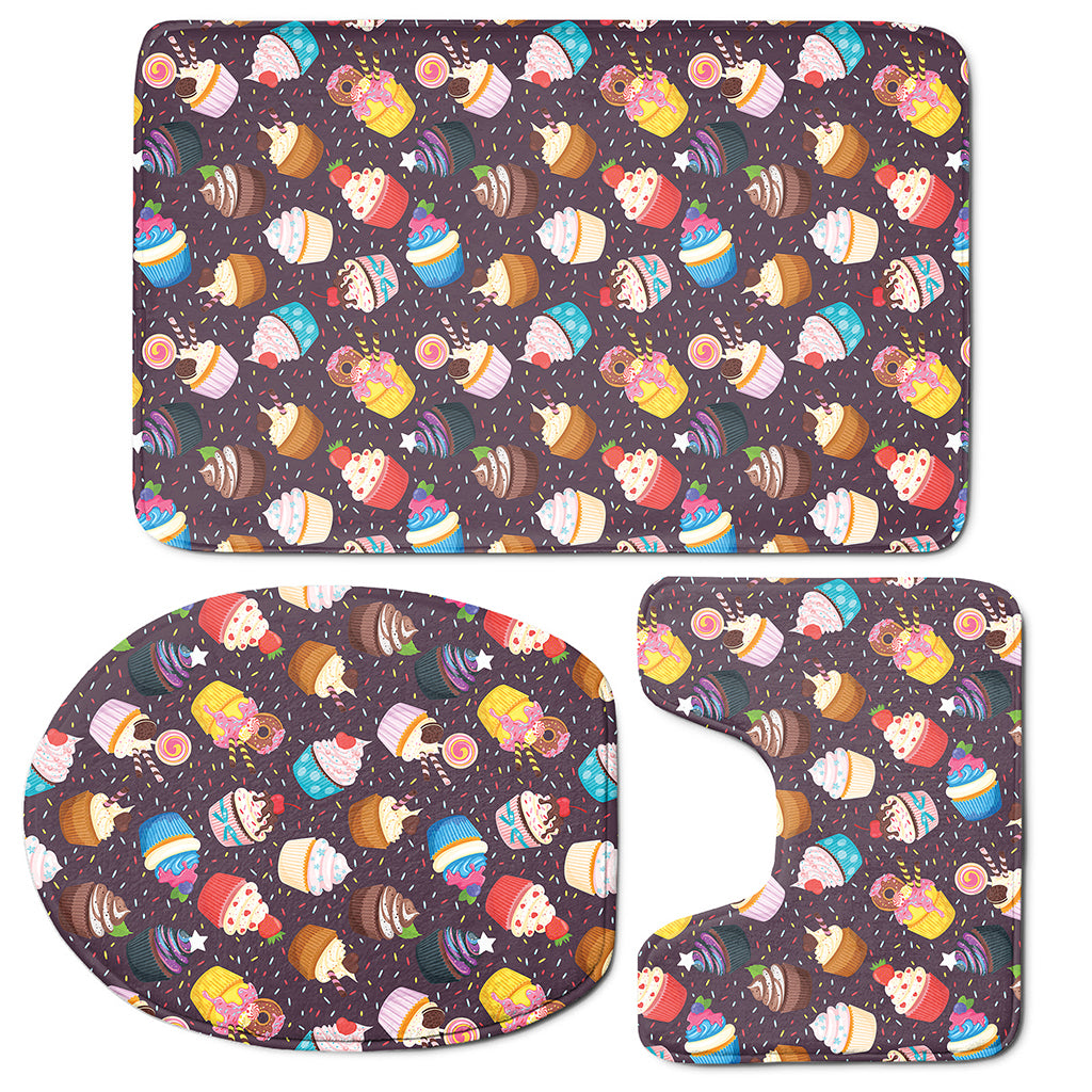 Cute Cupcake Pattern Print 3 Piece Bath Mat Set