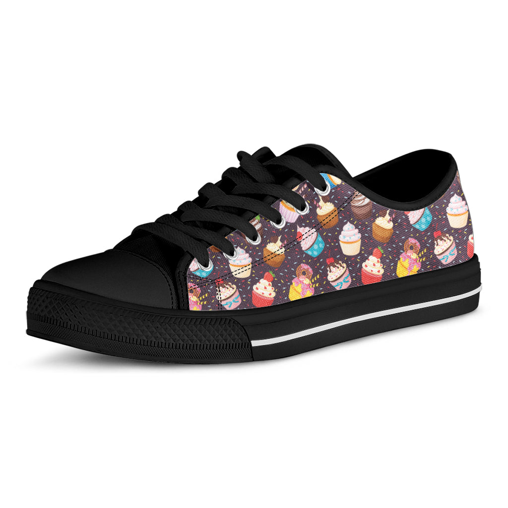 Cute Cupcake Pattern Print Black Low Top Shoes